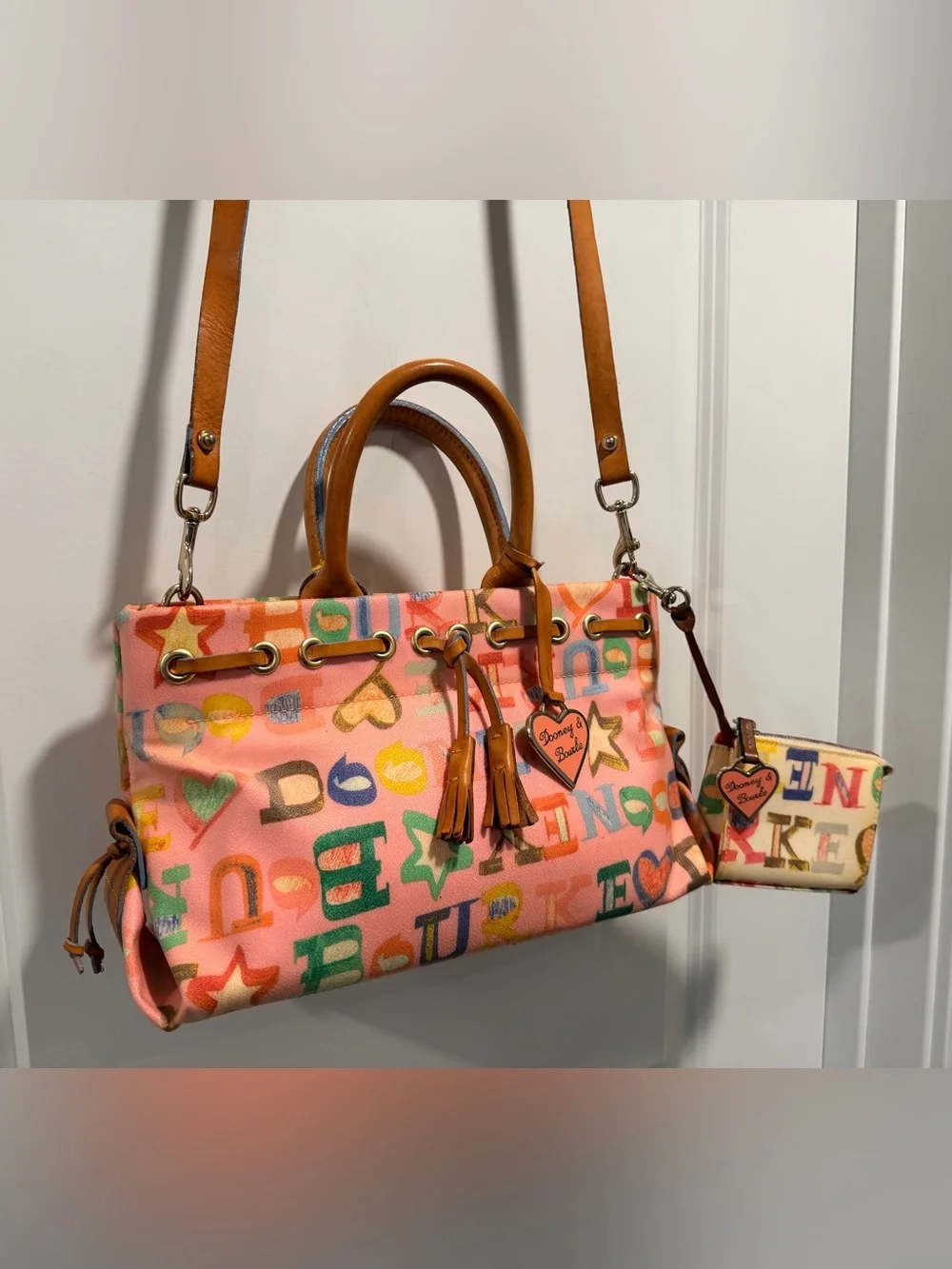 Vintage Y2K Dooney & Bourke Pink Alphabet Doodle Drawstring Satchel Set
